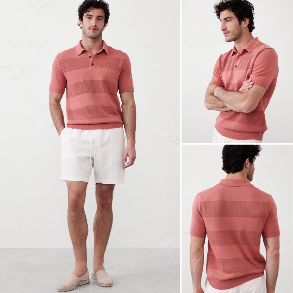 NWT Banana‎ Republic Factory Mesh Striped Polo MEDIUM Coral Sweater Top